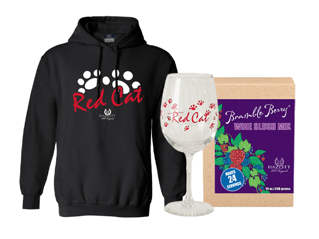 Gift items. Black, Red Cat hooded sweatshirt, Red Cat wine glass and Bramble Berry slush mix
