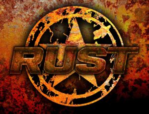 The text RUST on top of a star in a circle and rusty colored background.
