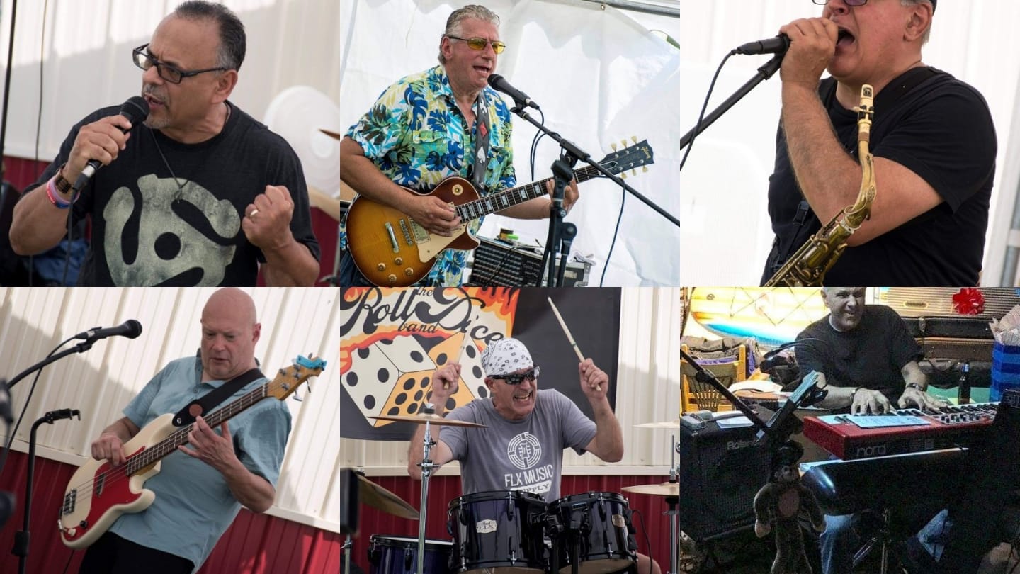 A grid of 6 photos, one of each member of The Roll The Dice Band