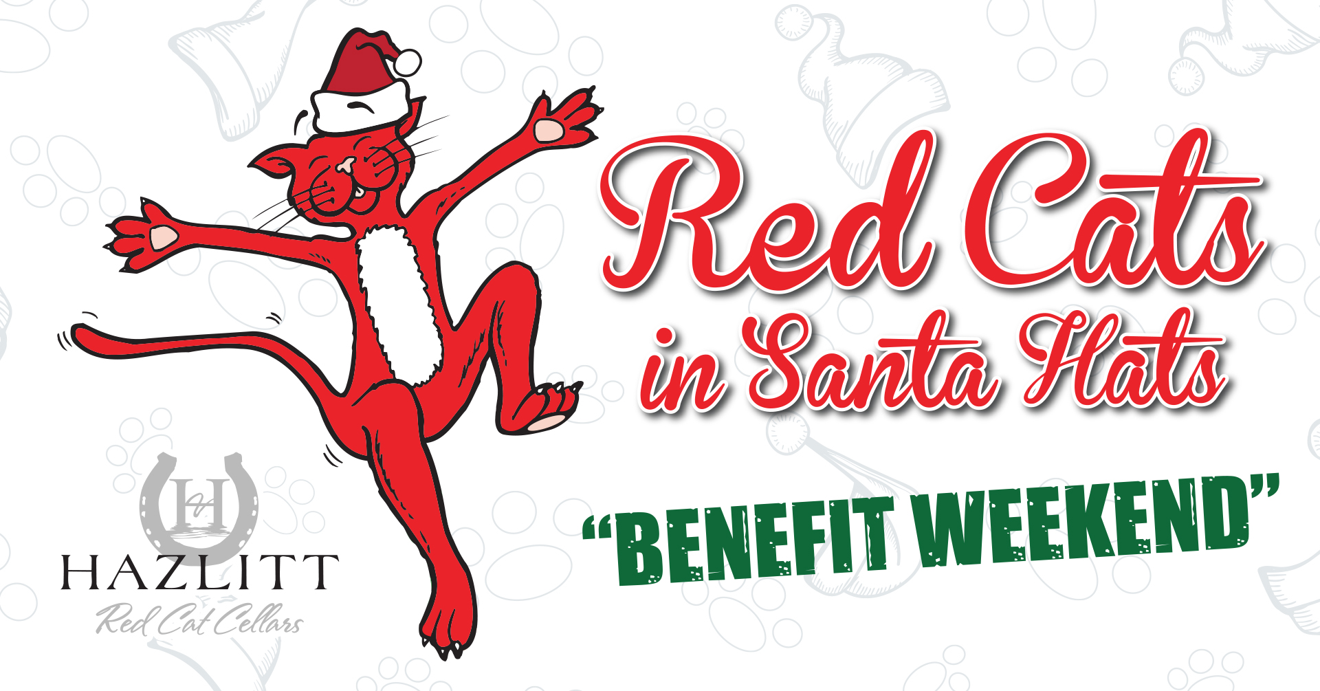 Red Cats in Santa Hats Benefit Weekend. Dancing Red Cat wearing Santa Hat. Hazlitt Red Cat Cellars.