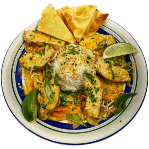 Thai Coconut Curry Chicken with Jasmine Rice and grilled Naan