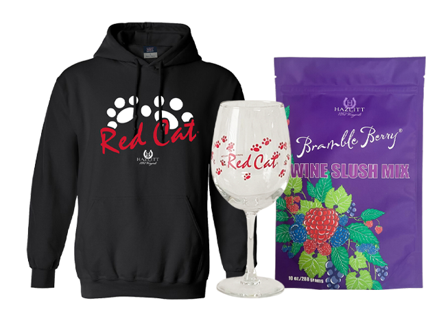 SHOP GIFTS. Red Cat hooded sweatshirt, Red Cat wine glass, and Bramble Berry Slushy.