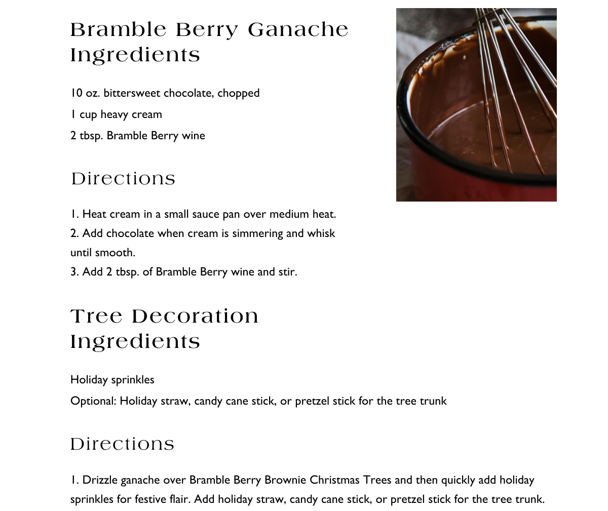 Bramble Berry Ganache ingredients and directions of how to decorate brownies.
