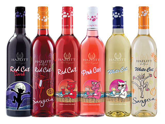 Bottles of Red Cat brand wines: Red Cat Dark, Red Cat Sangria, Red Cat, Pink Cat, White Cat, White Cat Sangria