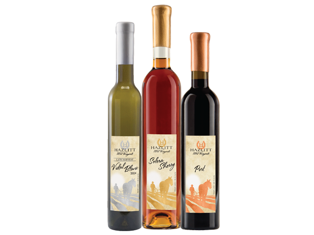 Bottle images of dessert style wines: Late Harvest Vidal Blanc, Solera Sherry, Port