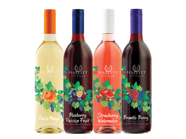 Peach Mango, Blueberry Passion Fruit, Strawberry Watermelon and Bramble Berry bottles of wine.