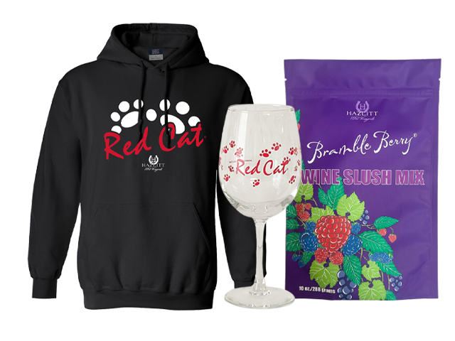 SHOP GIFTS. Red Cat hooded sweatshirt, Red Cat wine glass, and Bramble Berry Slushy.