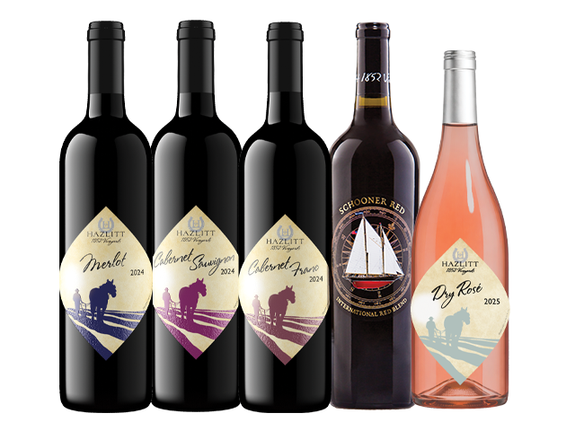 Bottles of red and rosé wines: Merlot, Cabernet Sauvignon, Cabernet Franc, Dry Rosé