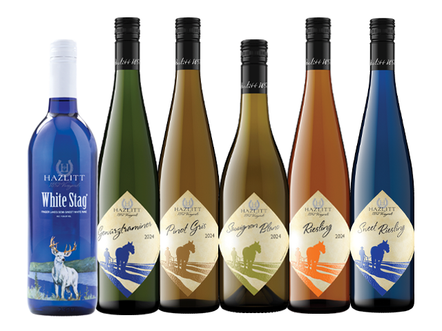 Bottles of white wines. White Stag, Pinot Gris, Sauvignon Blanc, Grüner Veltliner, Sweet Riesling