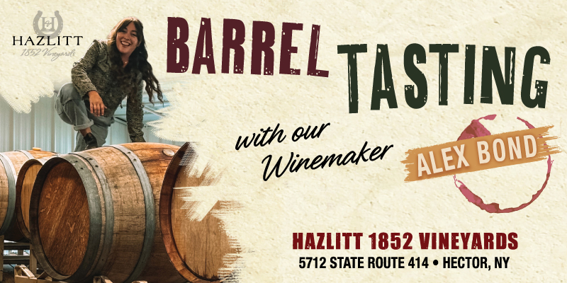 Barrel Tasting with our winemaker. Hazlitt 1852 Vineyards, Hector, NY 14841.