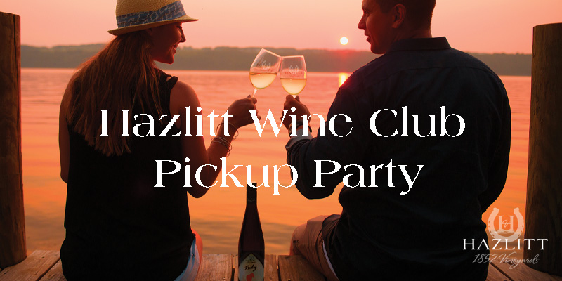 People toasting at sunset on a dock. Hazlitt Wine Club Pickup Party at Hazlitt 1852 Vineyards