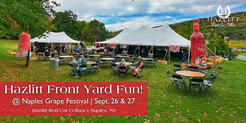 Hazlitt Front Yard Fun at Naples Grape Fest, Sept 26 %& 27, 2026. Hazlitt Red Cat Cellars front yard courtyard setup.